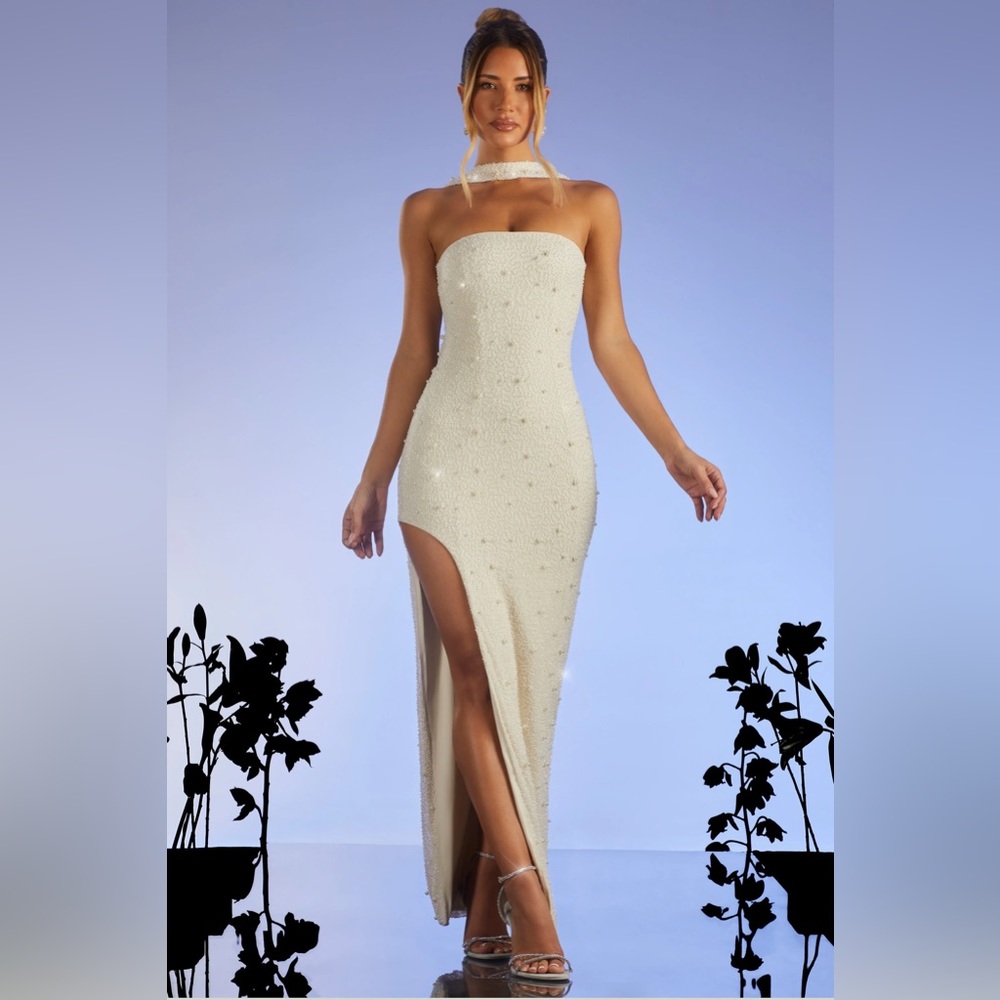 NWT Oh Polly BELGRAVIA Embellished Bandeau Maxi Dress in Ivory